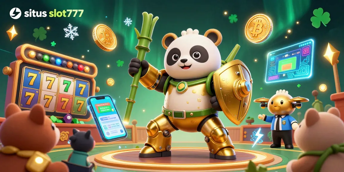Situs slot777 showcases a vibrant casino scene with a mech-suit panda and immersive slot game elements.