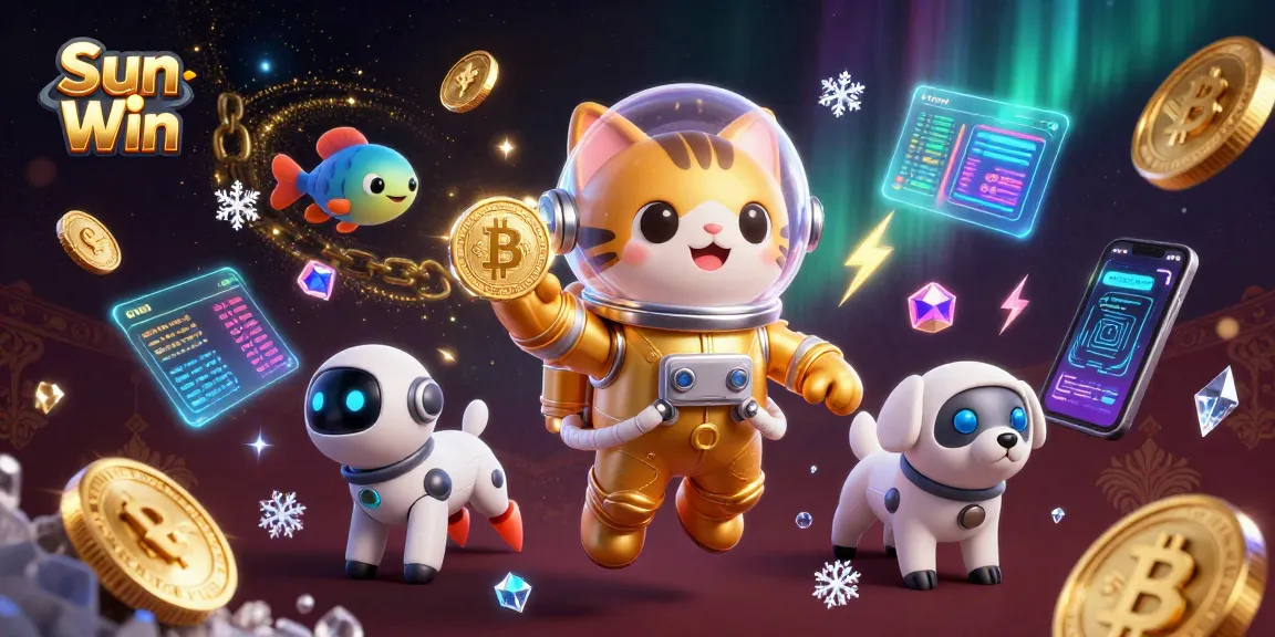 Win big at Sun Win, featuring a cat astronaut and a robot dog in a dazzling casino universe.