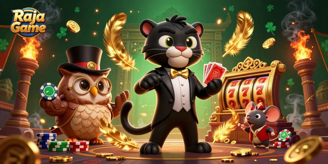 Experience thrilling action with Raja Game as a panther deals cards amidst vivid casino elements.