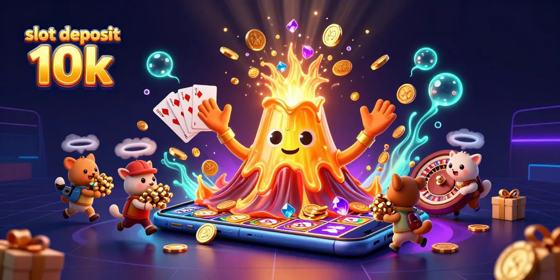 Experience the excitement of slot deposit 10k with a triumphant golden volcano and treasure-hunting animals amidst vibrant casino elements.
