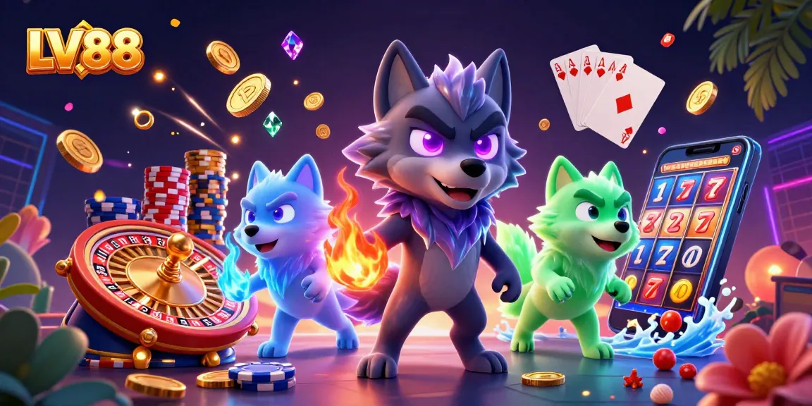 Experience thrilling gaming at LV88 with a vibrant 3D casino illustration showcasing dynamic characters and elements.