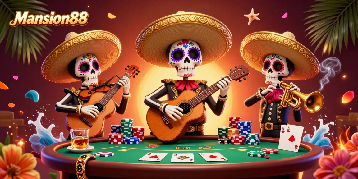 Mansion88's vibrant gaming scene with mariachis, poker chips, and festive atmosphere.