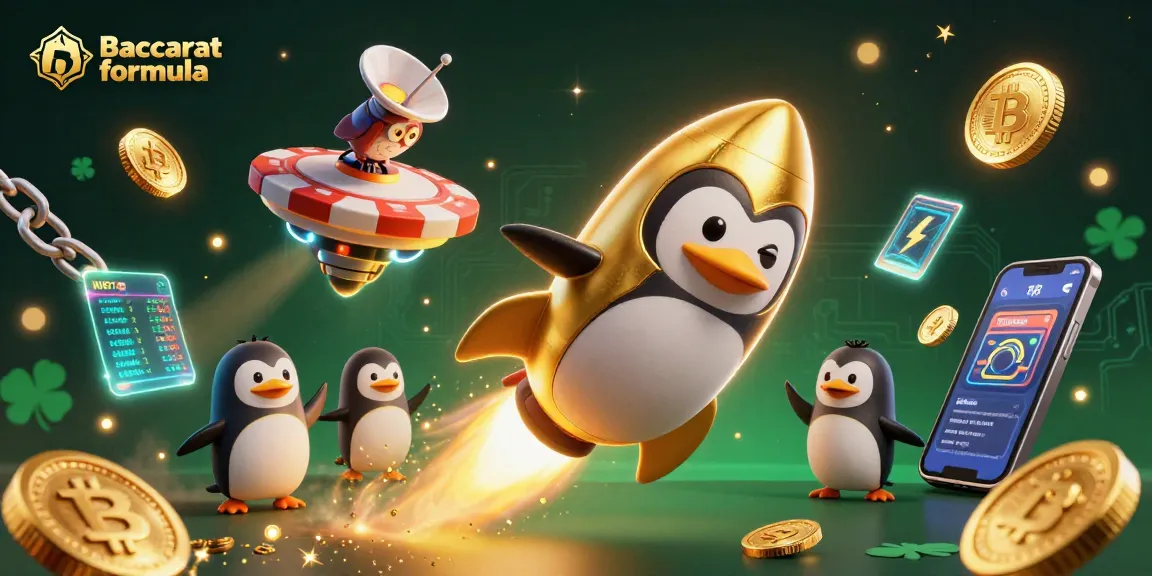 Experience the Baccarat formula with a vibrant 3D scene featuring a golden penguin amidst casino elements.