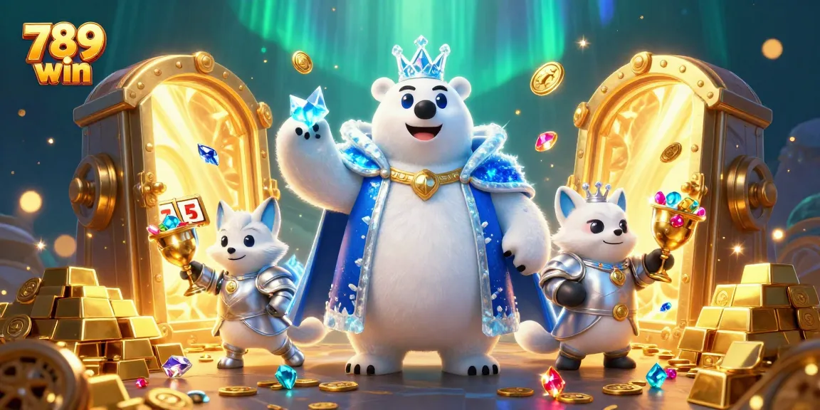 Experience big wins at 789 win with a vibrant 3D casino scene featuring treasures and gaming elements.