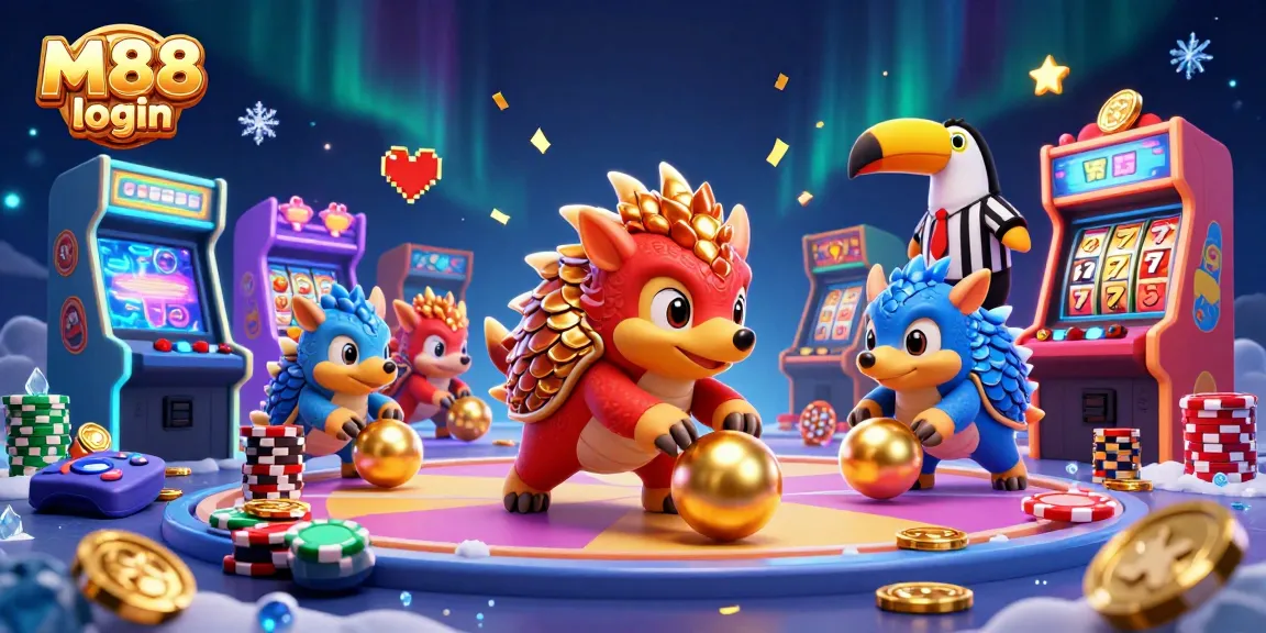 M88 login featuring animated pangolins navigating through a lively casino scene filled with poker chips and vibrant arcade elements.