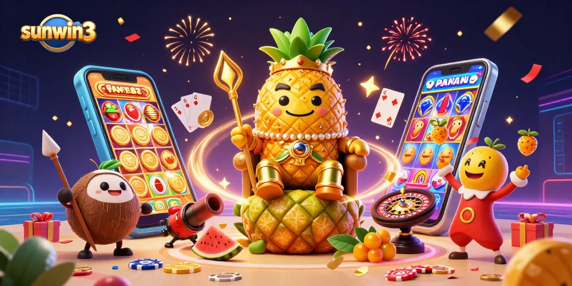 Engage in adventures with sunwin3's golden pineapple king and his casino-themed entourage.