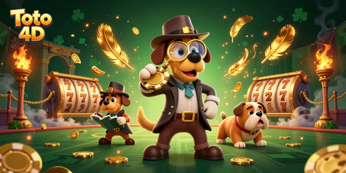 Engage in dynamic Toto 4D betting strategies with an exciting scene featuring cartoon detective and treasures.