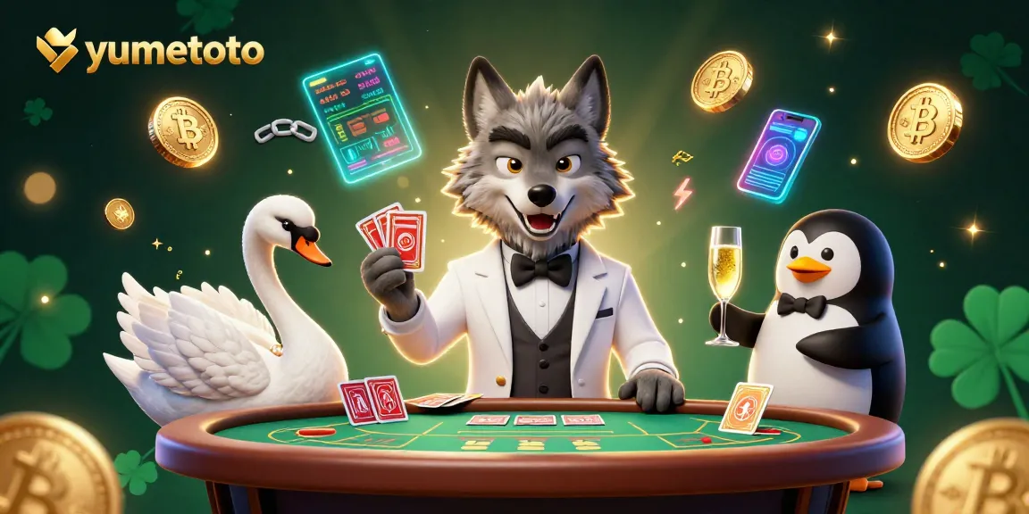 Experience the excitement of yumetoto with 3D cartoon characters at a baccarat table amidst a vibrant, immersive casino atmosphere.