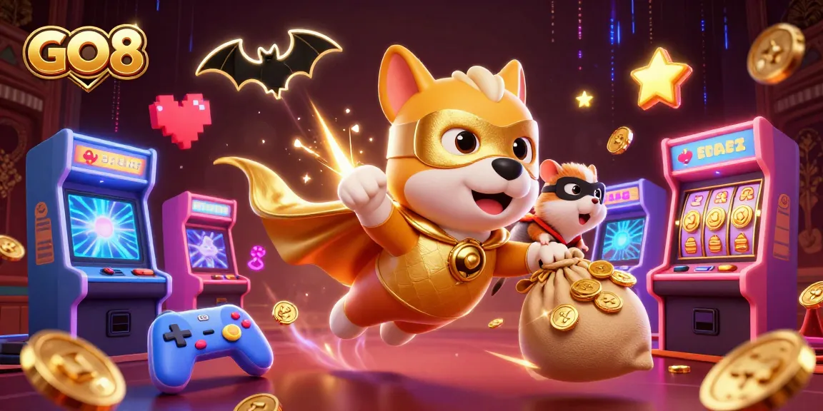 Enhance your gaming experience at GO8 with dynamic action from our superhero dog character and cute hamster, among casino-themed elements.