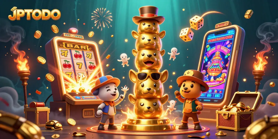 JPTOTO menghadirkan kejutan jackpot dengan mesin slot yang meledak koin dan cahaya di sekitar totem keberuntungan.