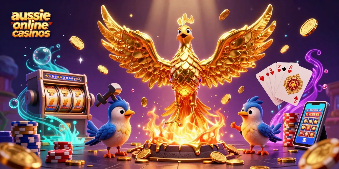 Aussie online casinos showcase a golden phoenix emerging from a forge amidst cascading coins and vibrant illustrations.