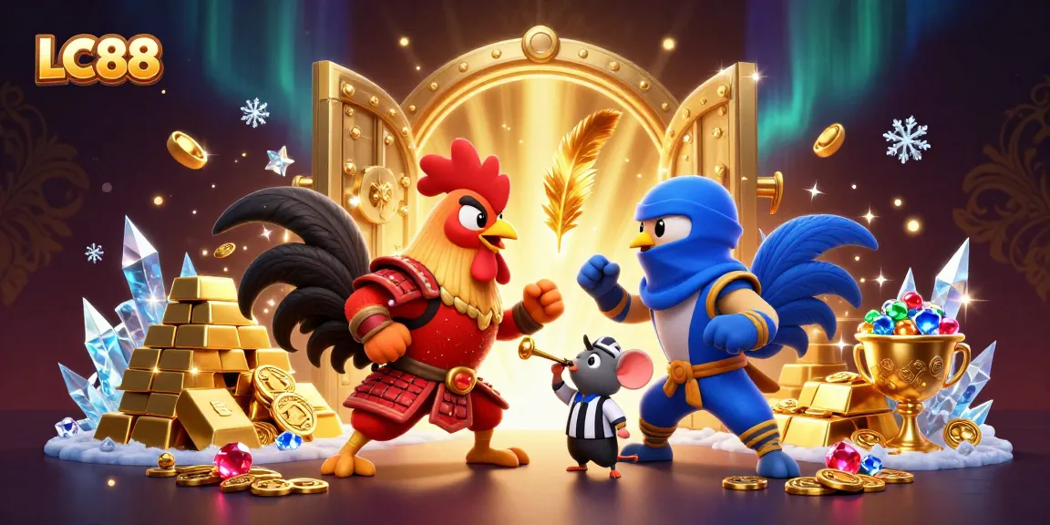 Experience thrilling challenges at LC88 with fighting roosters and treasures in a vibrant casino setting.