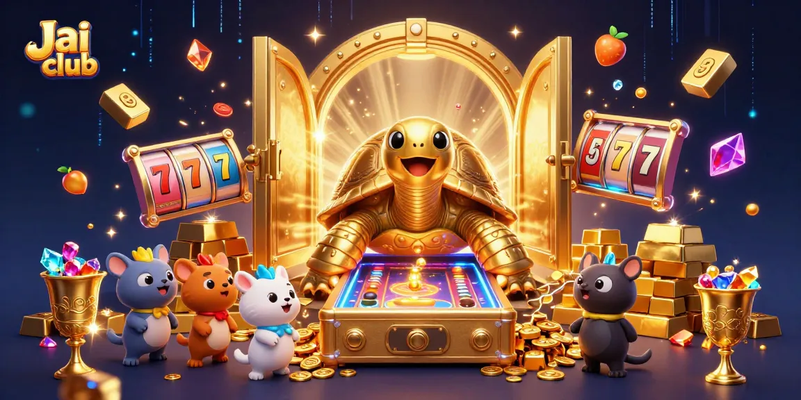 Experience exciting wins at Jai club with a colossal tortoise-themed pinball machine and vibrant gold elements.