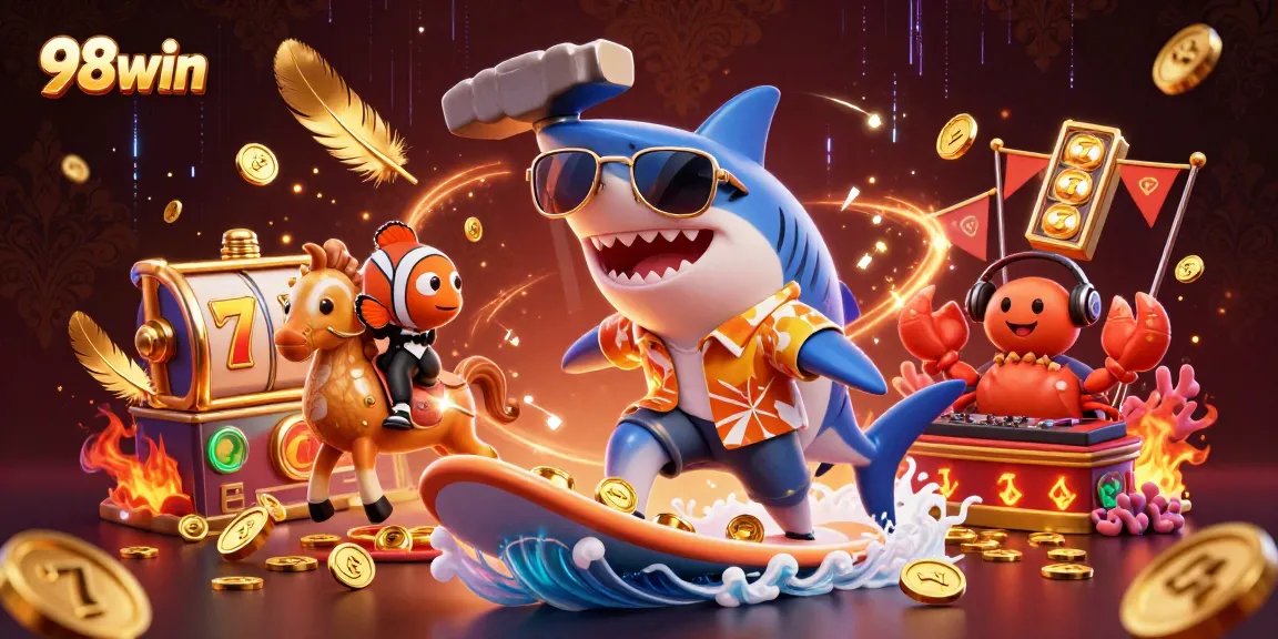 Win big with 98win in this vibrant casino scene featuring playful characters and exciting game elements.
