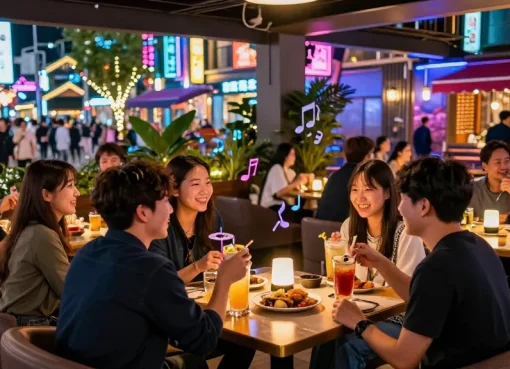 Patrons enjoying nightlife at 상봉동 한국관나이트, cocktails and vibrant decor in a bustling bar atmosphere.