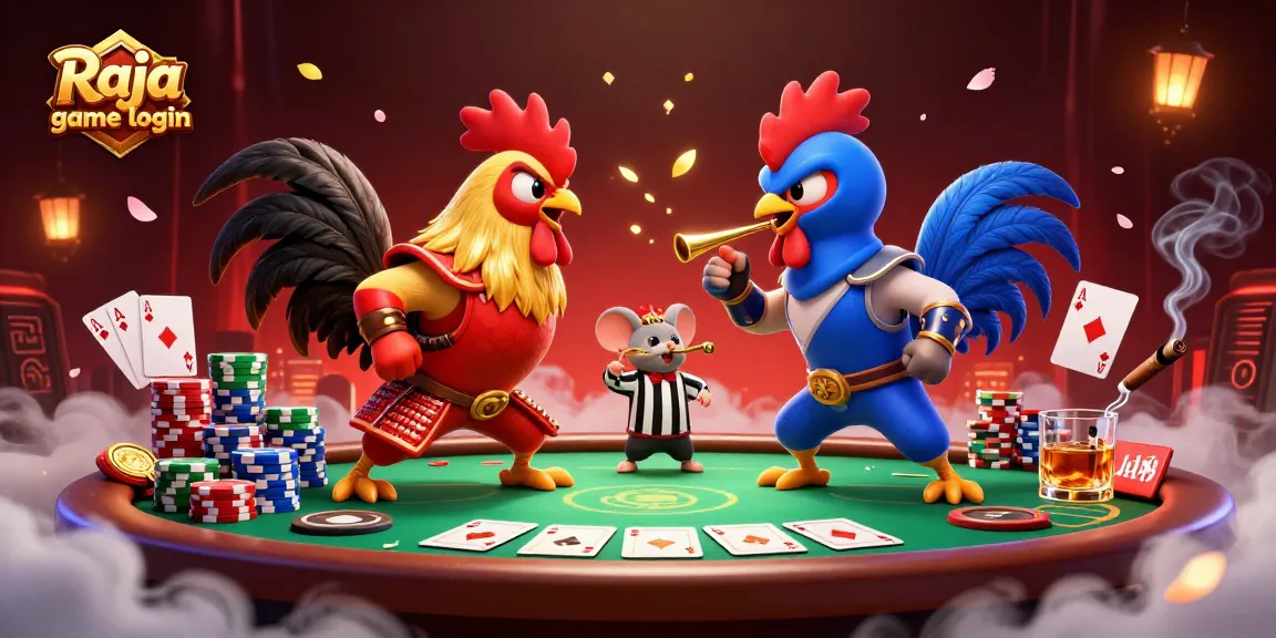 Engage in thrilling action with Raja game login featuring dynamic rooster duel and poker elements.