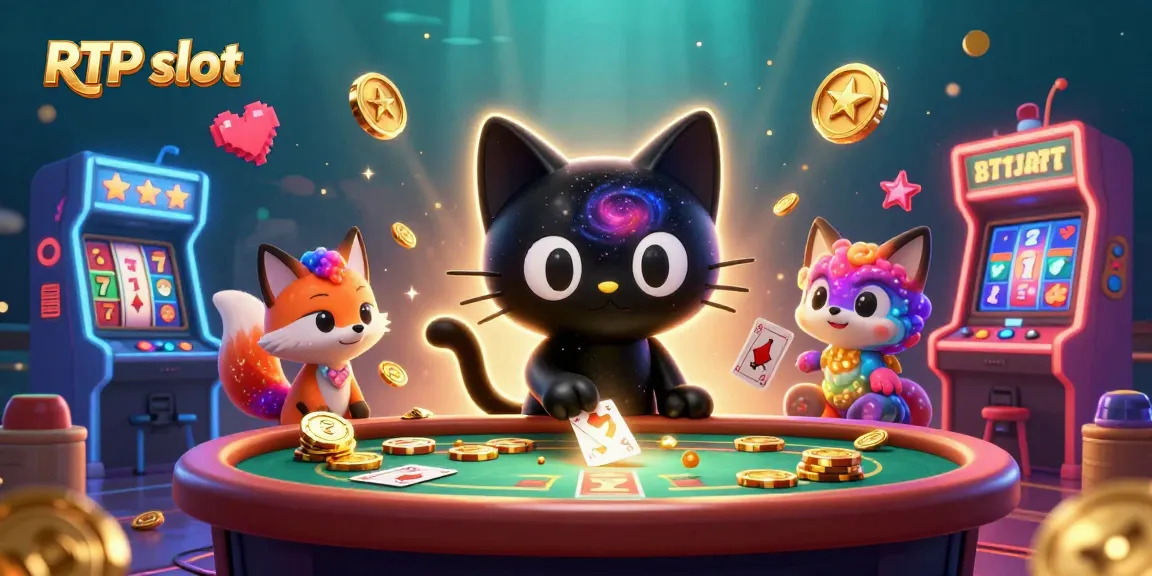 Win big at RTP slot tables with a cosmic black hole cat and nebula fox in an electrifying casino scene.