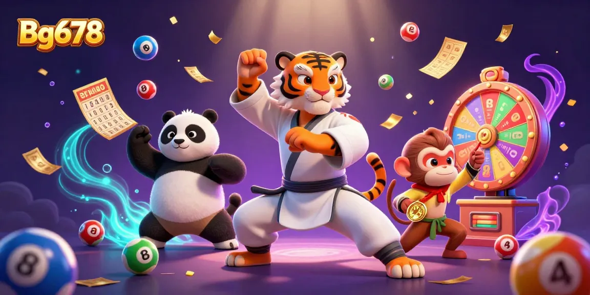Join the excitement at Bg678 with vibrant lottery balls and bustling characters in a lively casino scene.