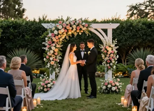 rokok88 religious wedding venue where a couple exchanges vows in a beautifully decorated garden.