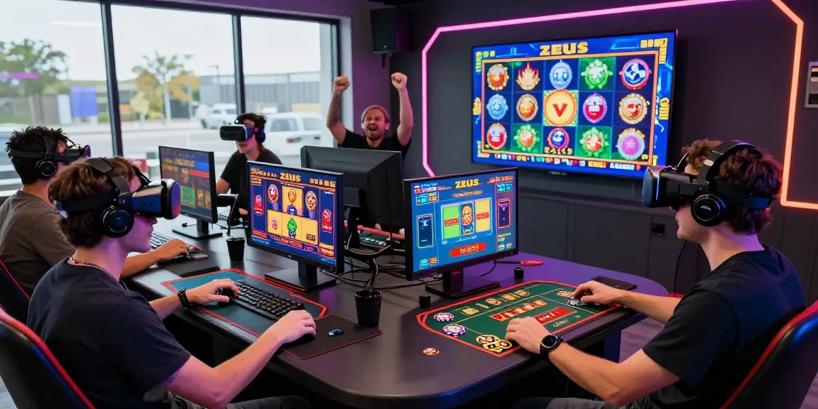 Exciting gaming group experiencing zeus slot game with vibrant visuals and interactive setup.