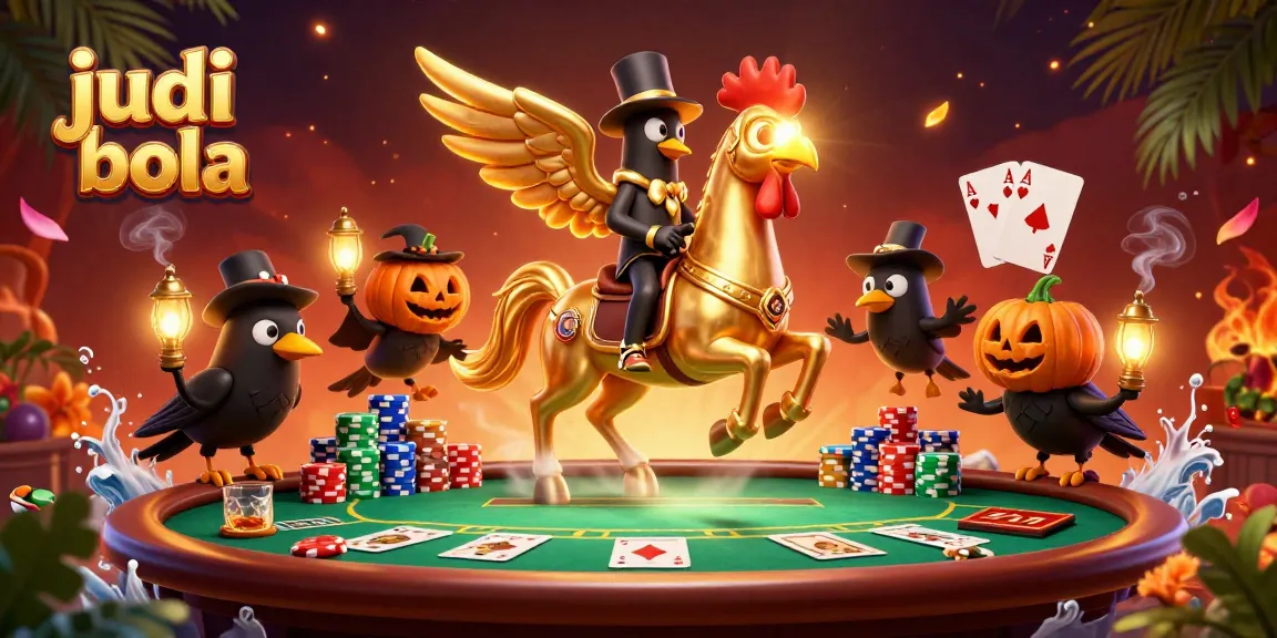 Bet on judi bola through an ultra-detailed 3D illustration of a casino scene with golden rooster characters.