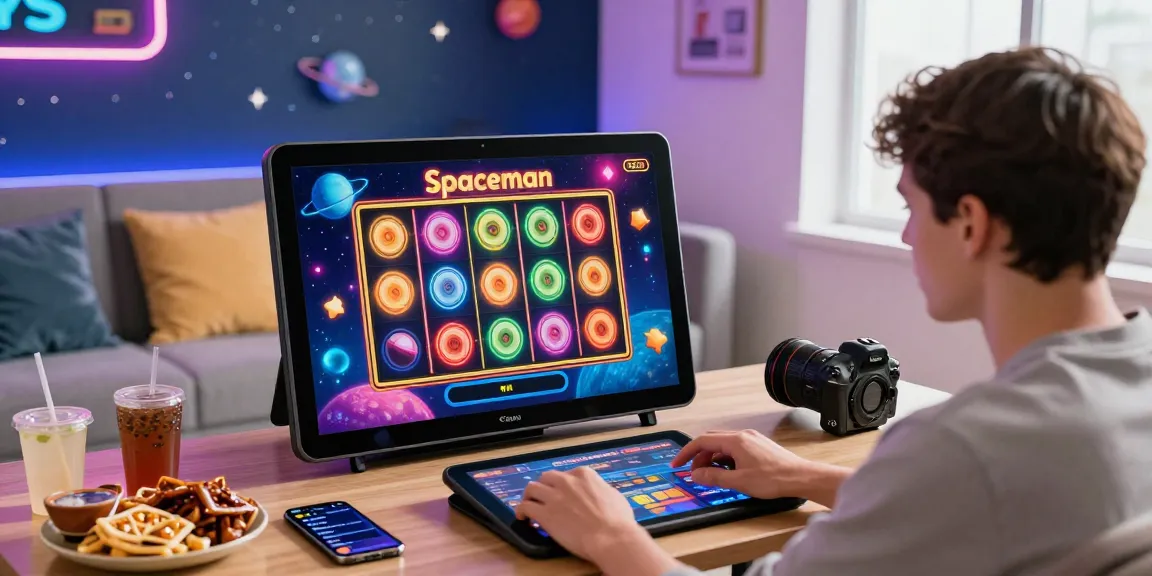 Player enjoying the Spaceman slot game on tablet with vibrant graphics in a modern gaming setting.
