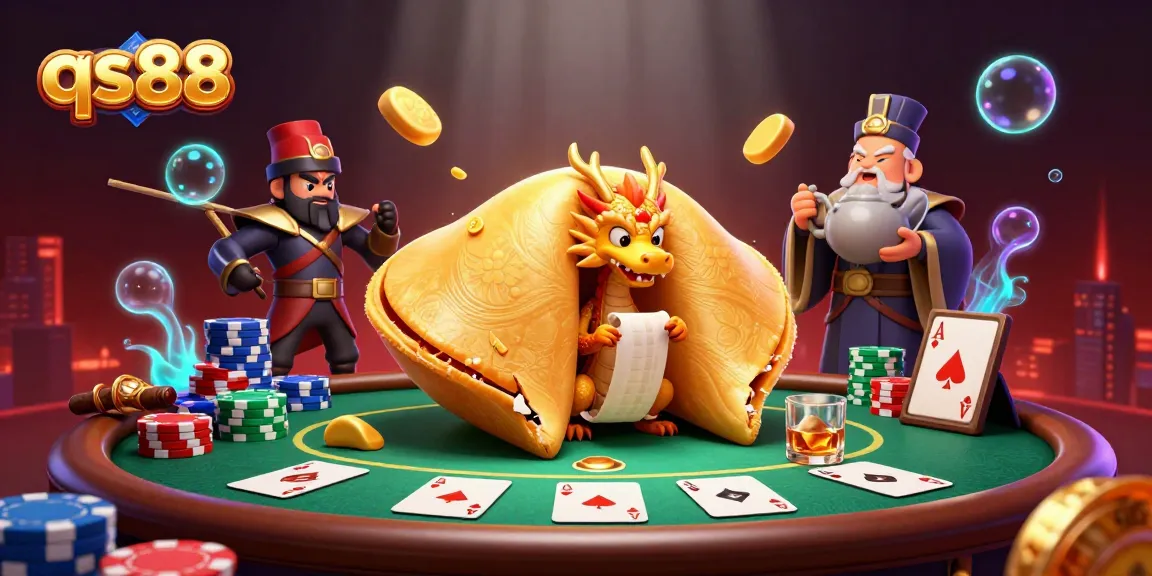 Engage with qs88's thrilling gaming world featuring a golden fortune cookie and poker elements.