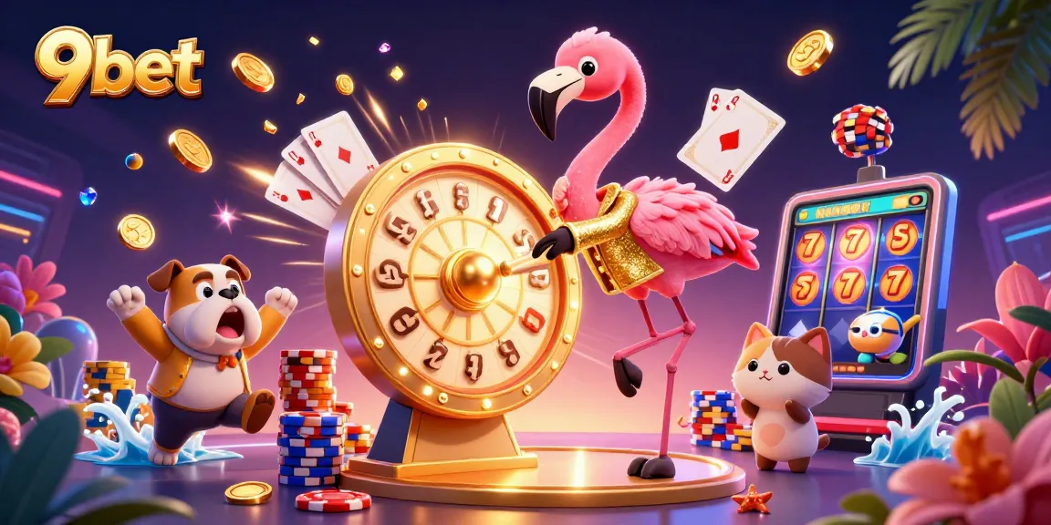 Spin the giant prize wheel with 9bet in a lively casino scene full of exciting elements.