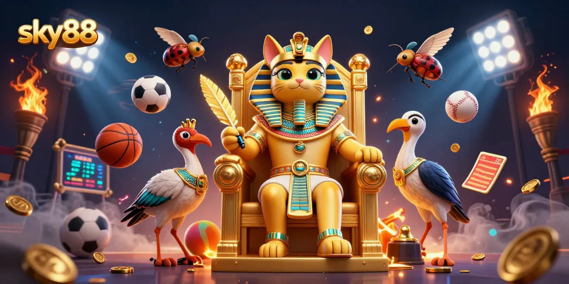 Sky88 sports betting scene with a pharaoh cat, dynamic sports elements, and vivid blue backdrop.