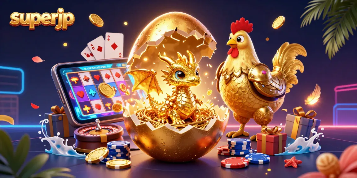 Play exciting slots with superjp featuring gold coins, dragon, and poker chips in vibrant 3D art.