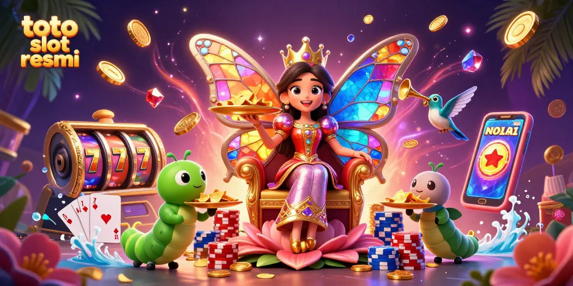 Win big with a vibrant scene of toto slot resmi featuring a butterfly queen and cascading coins.
