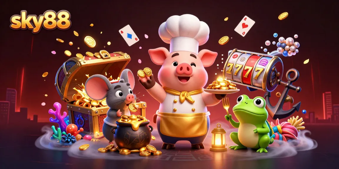 Sky88's vibrant 3D casino illustration showcases a chef pig, a mouse, and a frog among gold coins and gaming elements.