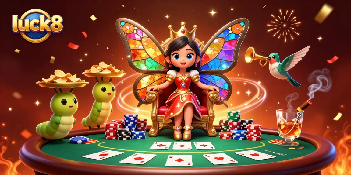 Experience luck8's dynamic poker scene with a vibrant butterfly queen and her whimsical entourage