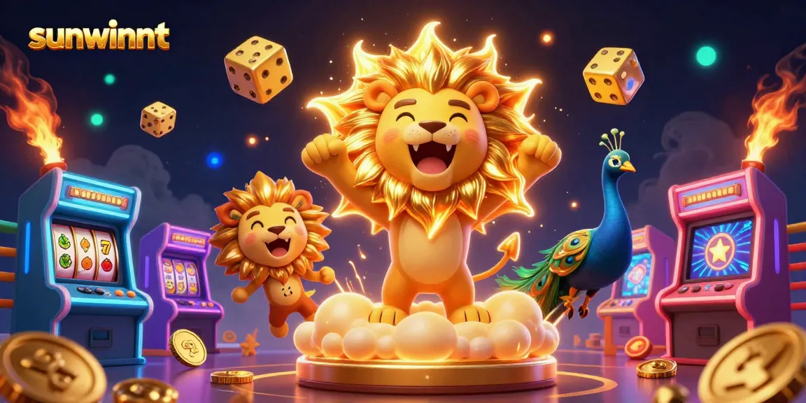 Experience dynamic play at sunwinnt with a 3D cartoon lion roaring amidst colorful casino elements.