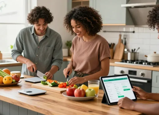 Best AI macro tracker displayed on a tablet while friends prepare healthy meals together in a bright kitchen.