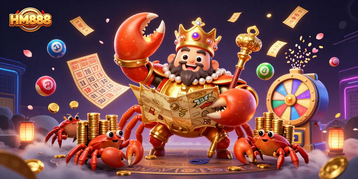 Experience the thrill of HM888 with a golden crab emperor amidst dynamic lottery elements in a vibrant digital casino.