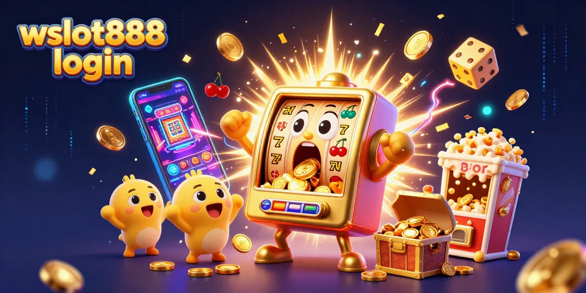 Ikon wslot888 login menampilkan mesin slot emas yang bersinar mengeluarkan koin dalam suasana kasino ramai.