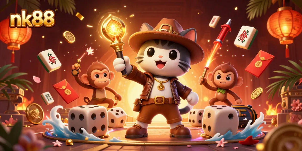 Join the adventure at nk88 as the explorer cat discovers a golden casino artifact amidst vibrant gaming elements.