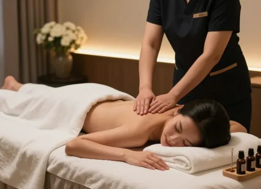 Serene 신촌출장안마 scene with professional massage therapist providing relaxation in a luxurious hotel room.