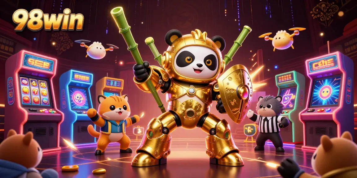 Engage in top-tier gaming action at 98win with dynamic slot reels, bright 3D arcade machines, and energetic scenes.