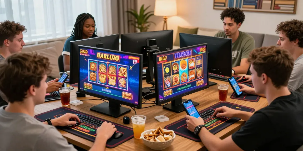 Diverse players engaging in exciting non UK casino games at home with colorful graphics and snacks.
