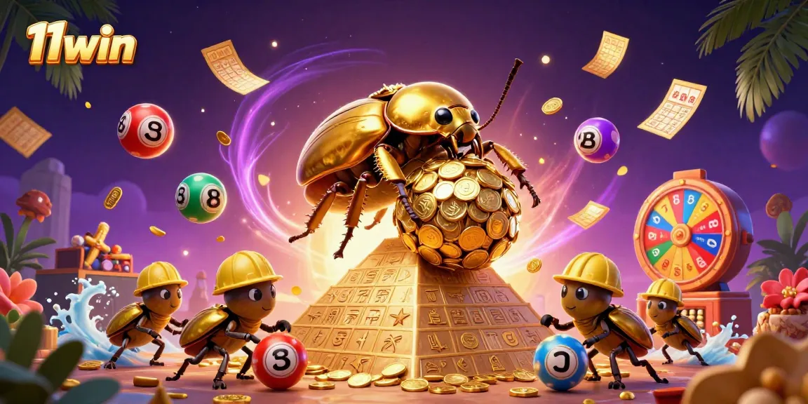 Engage with 11win's vibrant casino world featuring a golden beetle rolling coins amidst lottery elements.