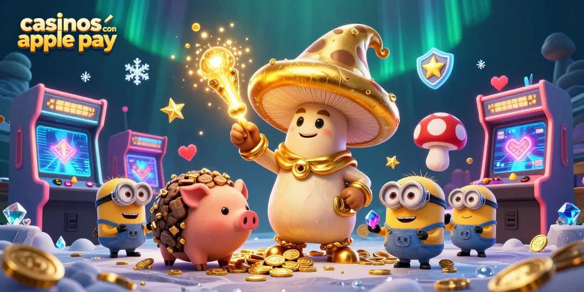 Disfruta de los casinos con Apple Pay mientras un mago convierte todo en oro, rodeado de maquinaria de juegos 3D.