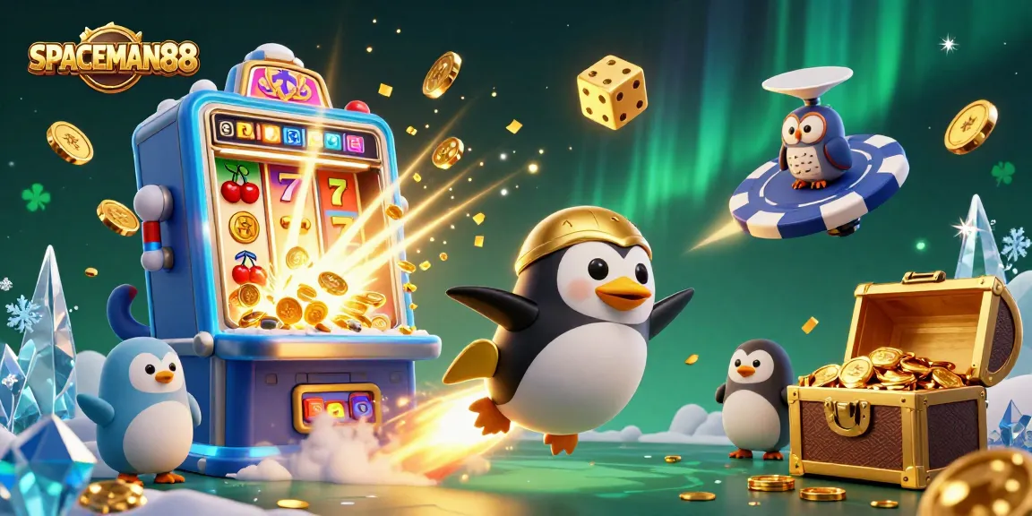 SPACEMAN88 showcases a golden penguin navigating space towards a casino station, celebrating jackpot wins.