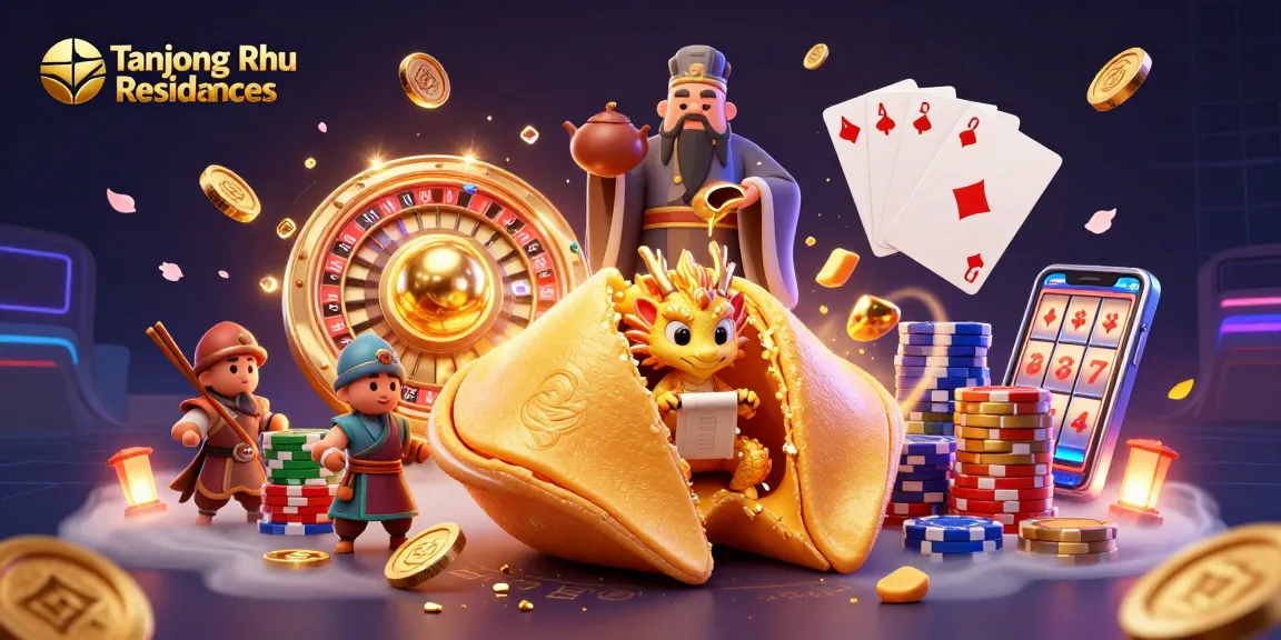 Tanjong Rhu Residences showcases a whimsical casino scene with a golden fortune cookie, dragon, and dynamic gambling elements.