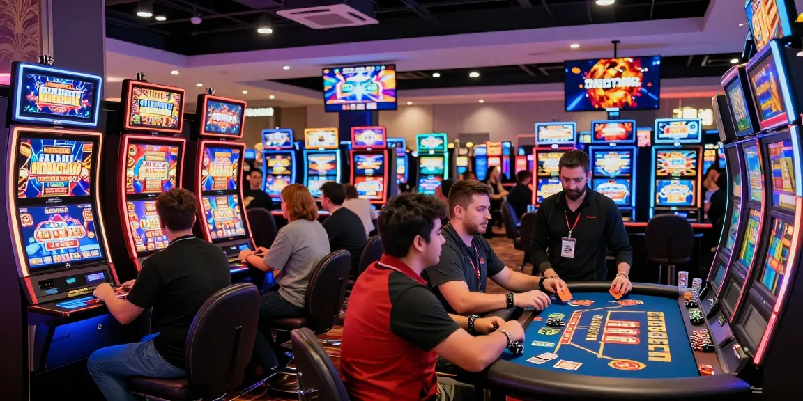 Players enjoying games at online casinos that accept credit cards, vibrant atmosphere with slots and live dealers.