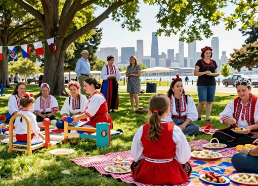 Community gathering of Polish nationals in San Francisco at https://www.sfpol.com/ enjoying traditional food and games.