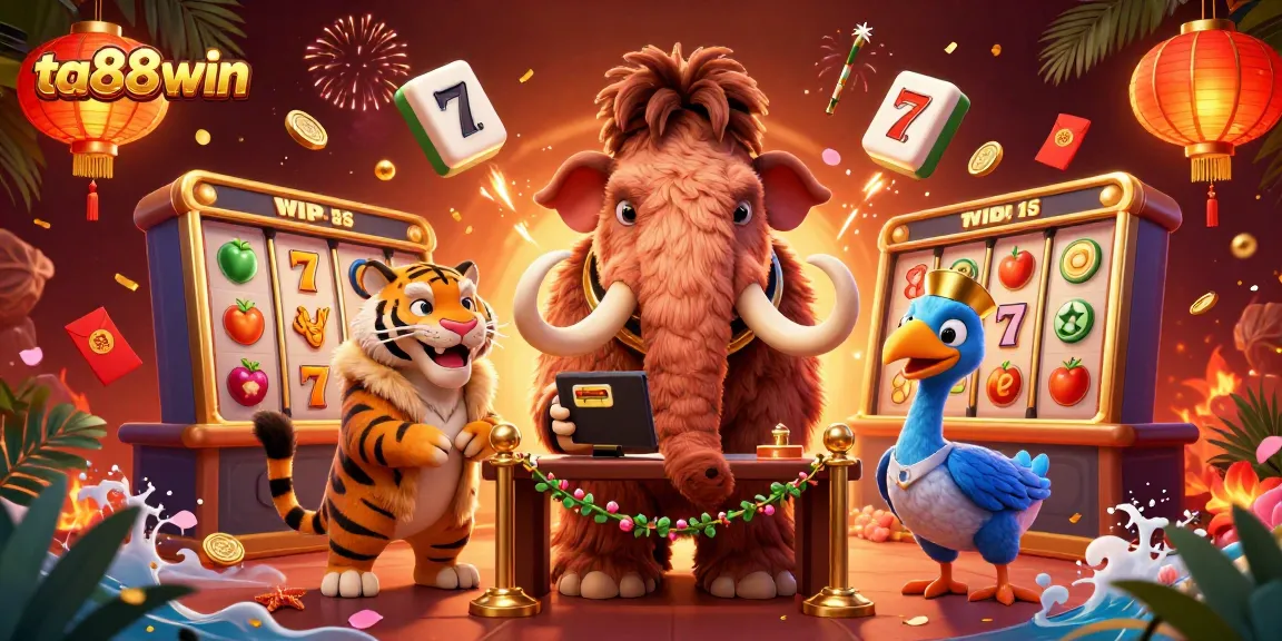 Experience ta88win's vibrant casino atmosphere with a mammoth bouncer and VIP guests in a dynamic 3D illustration.