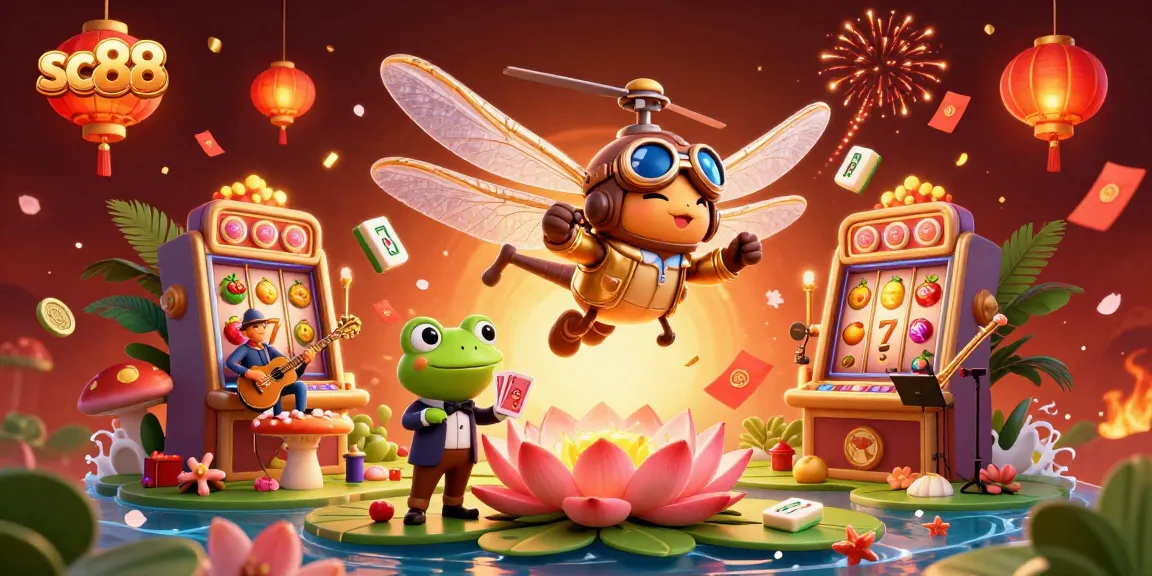 sc88 casino lively scene with a dragonfly pilot, frog croupier, and jazz musicians.