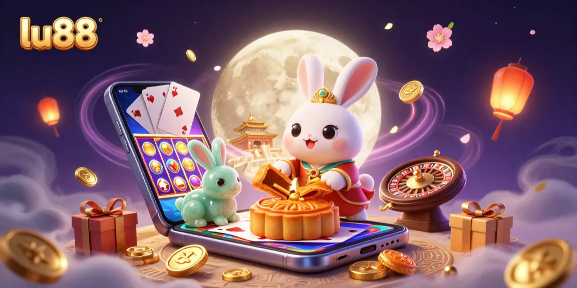 lu88 showcases a rabbit pounding mooncakes as poker chips spill out, surrounded by vibrant casino elements